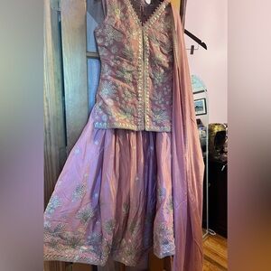 Elegant chinon Pink Embroidered Lehenga with long top